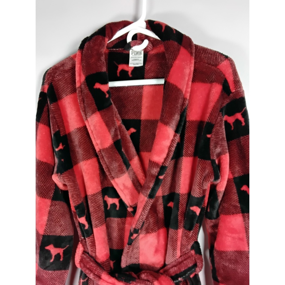 Victorias Secret PINK Robe XS/S Red‎ Black Buffalo Plaid Cozy Velour Logo Short - Picture 2 of 5